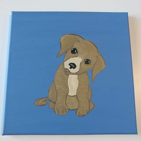 Handmade Puppy Dog Painting Canvas 10"x10" Wall Art Decor - Picture 6 of 12